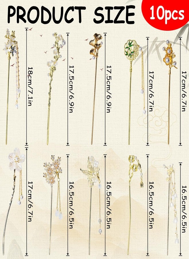 WYVAS 10 Pcs Decorative Vintage Retro Pearl Gold Metal Hair Sticks Pins with Pearl Jade Dangles Tassels Pendants, Chinese Hanfu Asian Flower Butterfly Hair Sticks Hair Chopsticks for Women Girls Christmas - Image 2